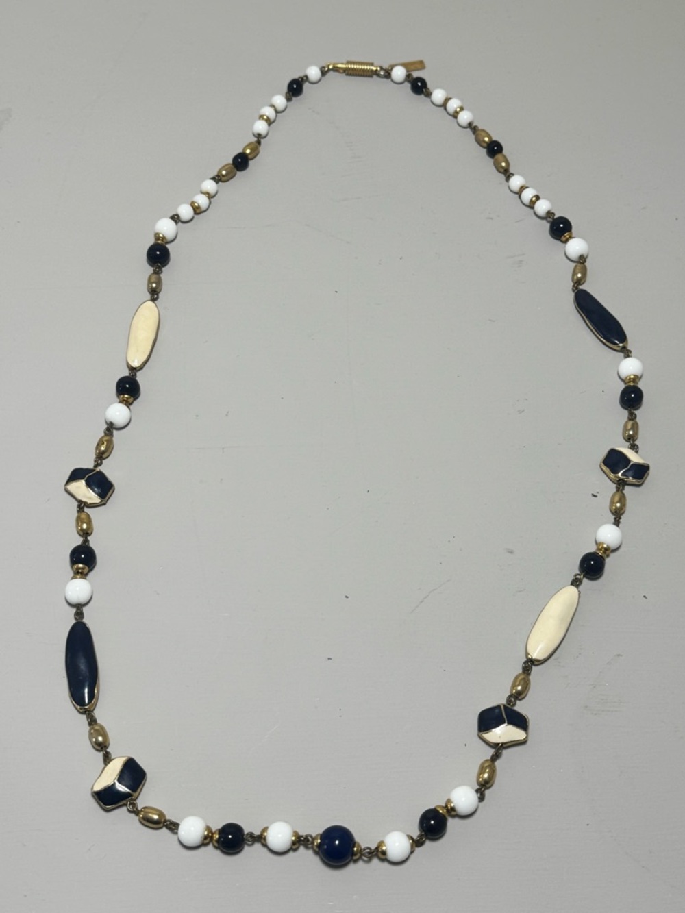 Vintage Balenciaga Paris Gold, Cream & Navy Glass Beaded Necklace